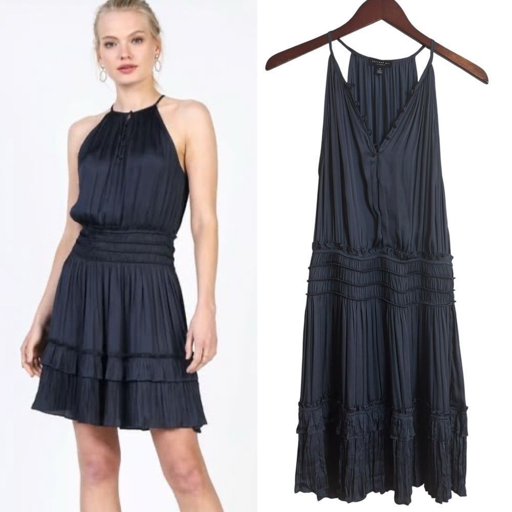 Current Air Los Angeles Silky Pleated Ruffle Mini Halter Dress Charcoal Medium